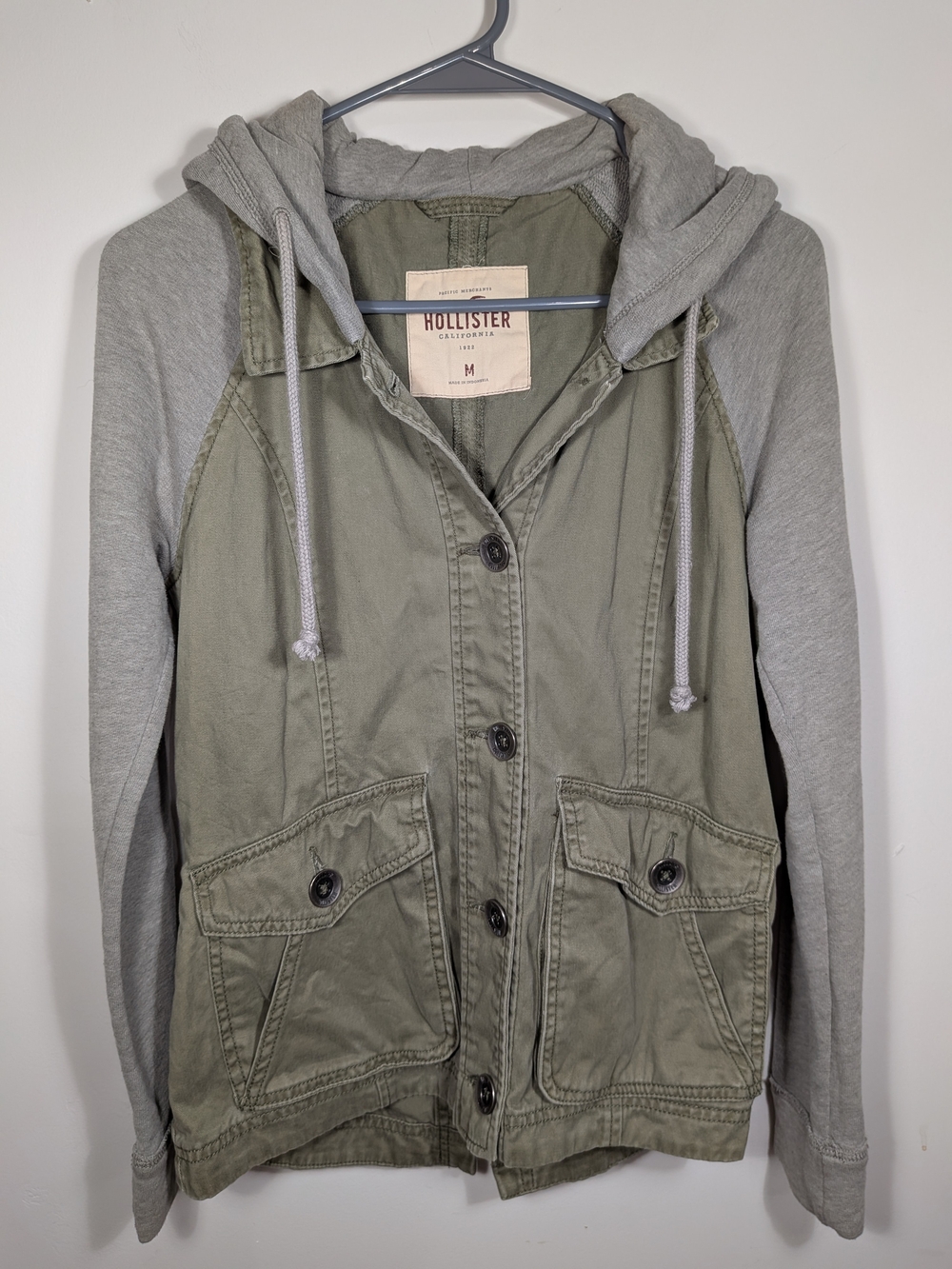 Hollister Olive Green Utility Jacket with Gray Hood & Sleeves